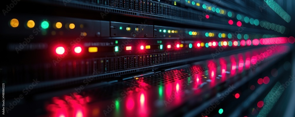 Fototapeta premium Glowing server rack with multicolored lights indicating system status. Rows of equipment in a data center