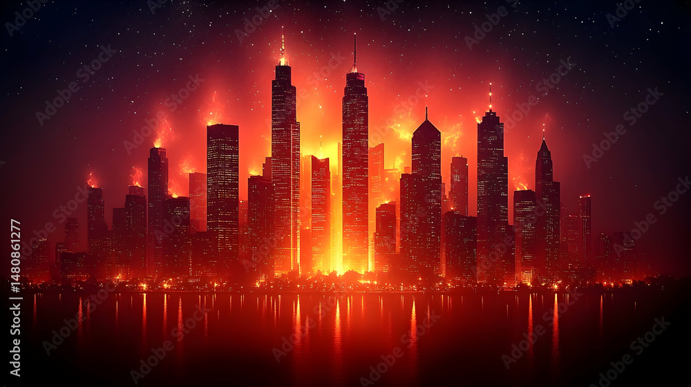 Fototapeta premium A fiery cityscape engulfed in flames, reflecting intensely on the water