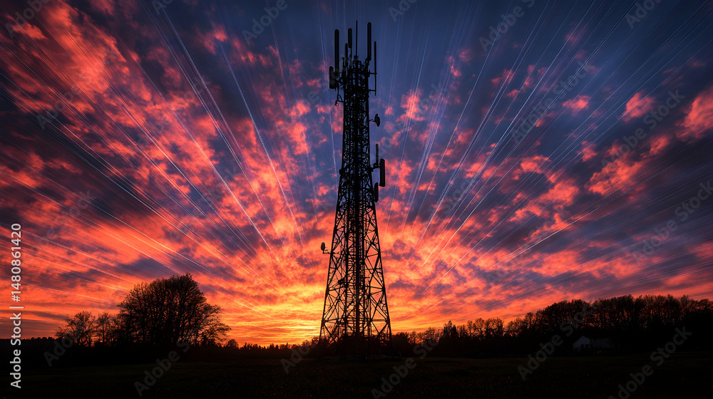 Naklejka premium A telecommunications tower silhouetted against a vibrant, radiant sunset with dramatic light rays