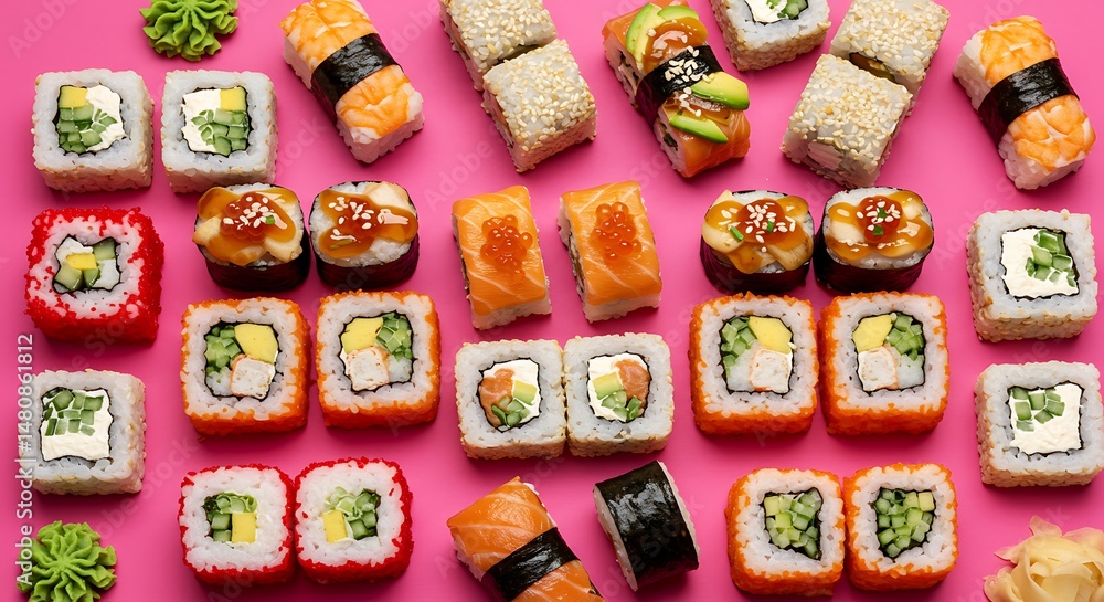 Fototapeta premium Colorful Sushi Rolls on Bright Pink Background