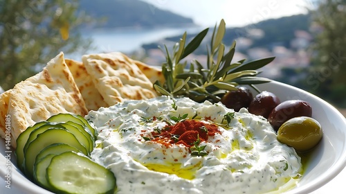 Fototapeta Naklejka Na Ścianę i Meble -  Traditional Greek Tzatziki Dip with Pita Bread and Olives
