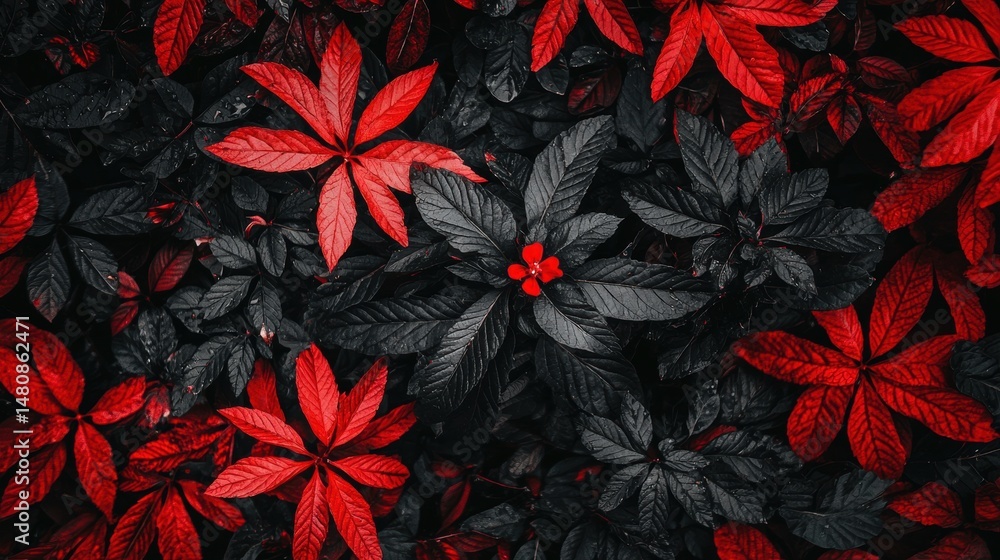 A cluster of red and black leaves with a single red flower in the center. A cluster of red and black leaves with a single red flower in the center.