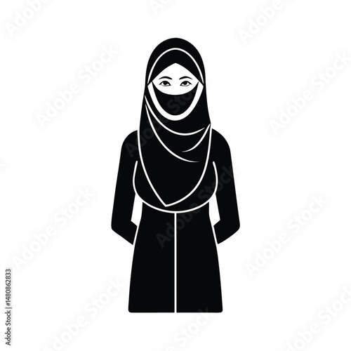 Silhouette illustration of a muslim woman wearing a black hijab and modest clothing for cultural representation