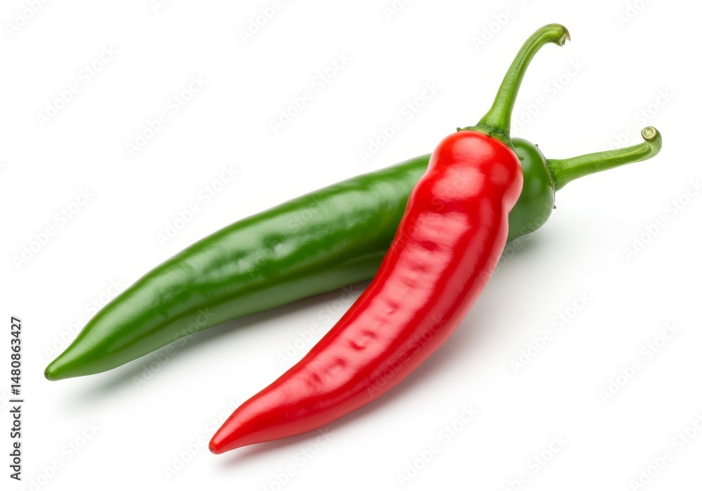 Red and Green Chili Peppers - A vibrant of a red and a green chili pepper, showcasing their contrasting colors and textures against a crisp white background Red and Green Chili Peppers - A vibrant of a red and a green chili pepper, showcasing their contrasting colors and textures against a crisp white background