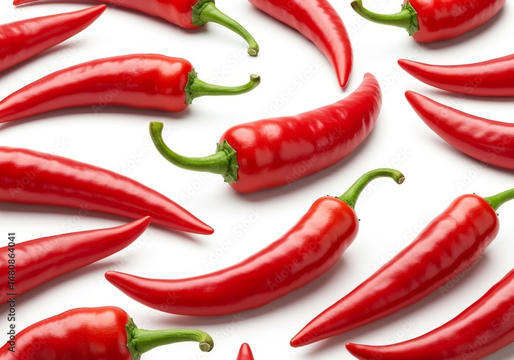 Red Chili Peppers Isolated on White - Spicy red chili peppers arranged on a white background. Symbolizing heat, flavor, spice, vibrancy, and culinary arts Red Chili Peppers Isolated on White - Spicy red chili peppers arranged on a white background. Symbolizing heat, flavor, spice, vibrancy, and culinary arts