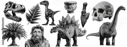 Set of prehistoric dinosaur halftone grunge vector design elements