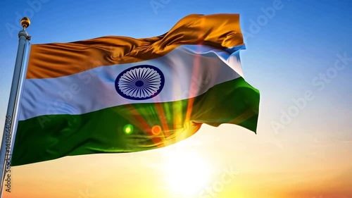 Indian national flag waving in sky at sunrise