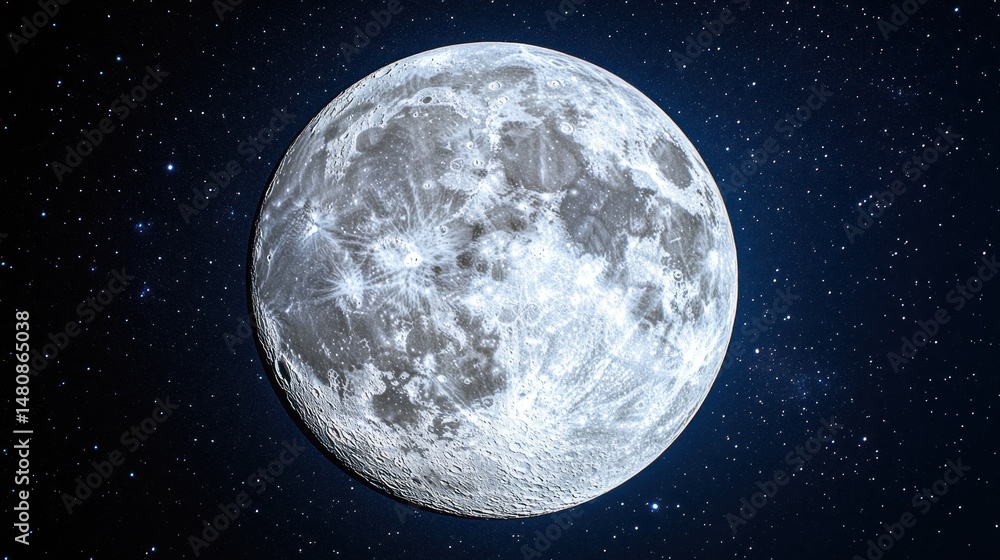 Obraz premium Full moon shining brightly in night sky, stars twinkling in background. Perfect for astronomy websites