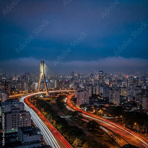 Night view of the São Paulo skyline with illuminated buildings, light fog and light rain reflecting lights. ‘Cinematic’ style, blue and purple tones, long exposure.