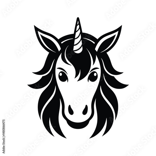 Elegant black and white illustration of a unicorn head facing forward with a subtle expression.