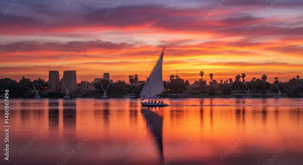Naklejka premium Serene Sunset Sailboat on Calm Water - A single sailboat glides across a tranquil river at sunset, silhouetted against a vibrant, fiery sky. Cityscape in the background