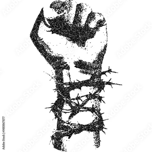 Strong fist wrapped in barbed wire with photocopy stipple effect. Grunge punk symbolism of rebellion, resistance, and power. Vector illustration for radical collage art