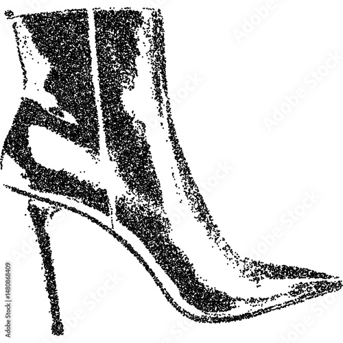 High-heeled boot in halftone stipple style with grunge vintage photocopy effect. Retro fashion element for punk rock and gothic collage design. Vector illustration