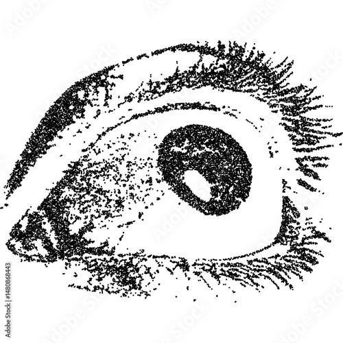 Scared eye, collage element with vintage stipple photocopy effect, with retro grainy texture. Vector illustration for grunge psychedelic surreal poster or tattoo in 90s aesthetic.