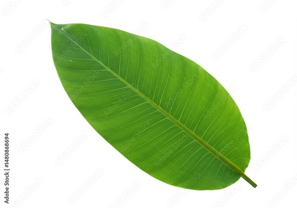 Obraz premium Single Green Leaf Isolated on White - Lush green leaf, vibrant, fresh, natural, organic; symbolizing growth, purity, and serenity. Perfect for design, nature themes