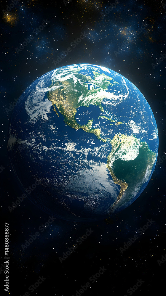 Obraz premium A vibrant Earth, suspended in the inky blackness of space, showcases its continents, oceans, and swirling clouds against a backdrop of distant stars