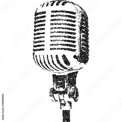 Halftone stipple microphone with vintage dotwork. Grunge punk aesthetic mic in monochrome texture. Vector illustration for music and retro designs