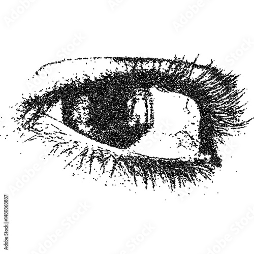Expressive eye illustration with halftone stipple detail. Grunge punk aesthetic in photocopy texture. Vintage-inspired dotwork style. Vector illustration