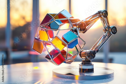 A robotic arm manipulates a colorful, geometric structure resembling a complex puzzle, bathed in warm sunset light.