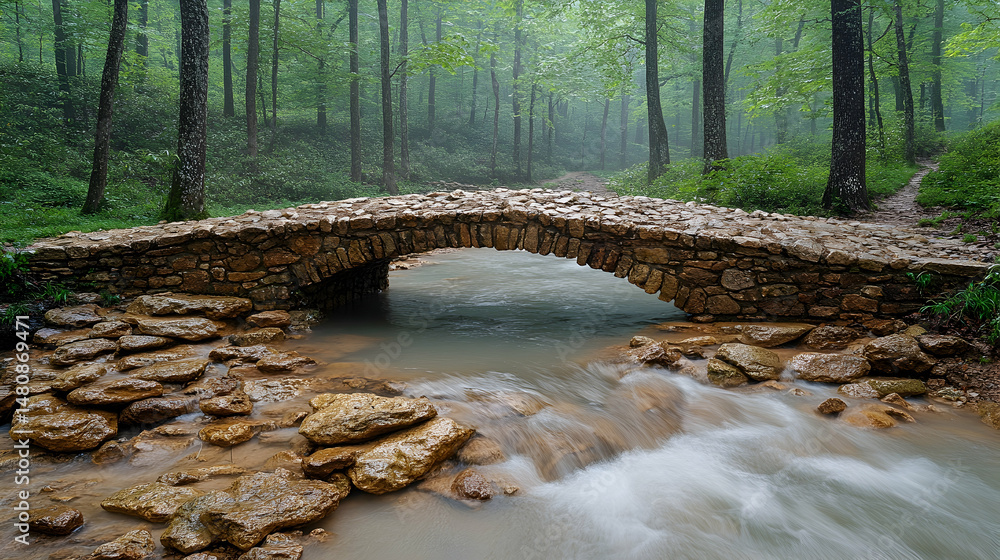 Obraz premium Misty forest stream flows under a quaint stone arch bridge