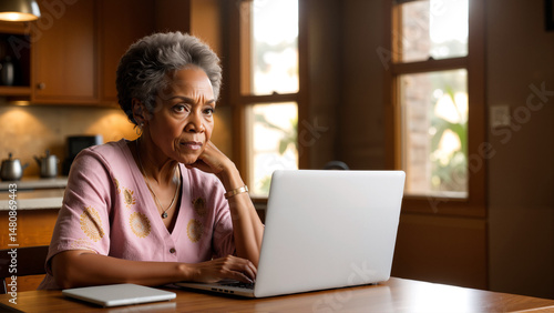 Senior African American woman focused on laptop with thoughtful expression in modern kitchen