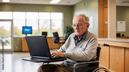 elderly man in wheelchair using laptop with serious expression in modern community center