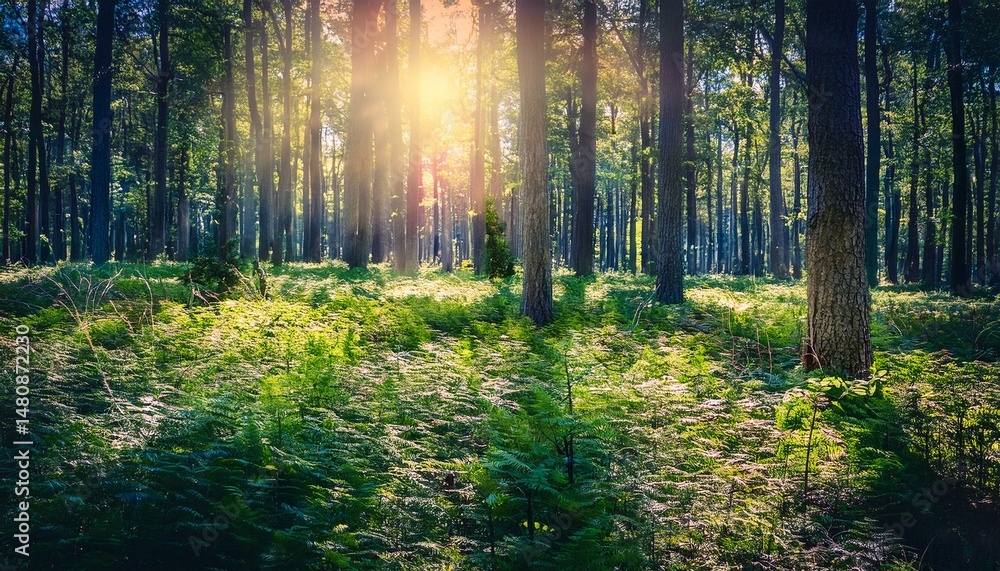 Obraz premium Forest with Lush Green Undergrowth - Peaceful Woodland Landscape