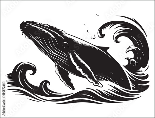 Humpback Whale Breaching Ocean Waves Black and White Illustration