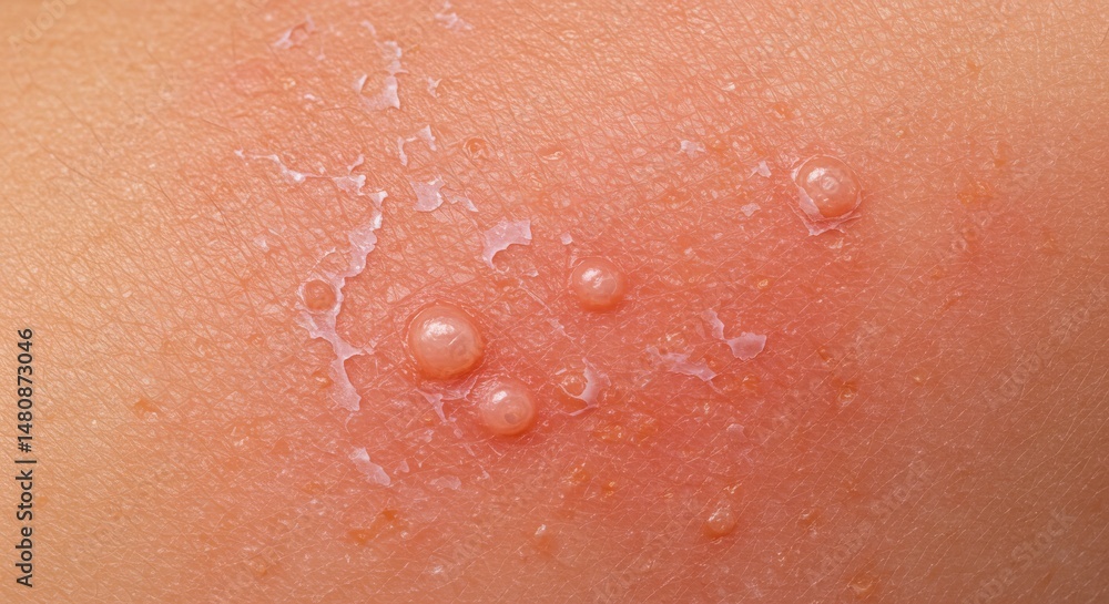 Fototapeta premium Sunburn Blisters: Severe Sun Damage and Skin Irritation - Illustrates painful sunburn, blistering skin, redness, peeling, and the consequences of intense UV exposure. Symbolizes sun protection