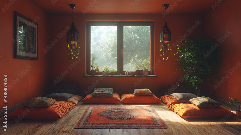 Serene room with earthy tones, floor cushions, plants, and window light Serene room with earthy tones, floor cushions, plants, and window light