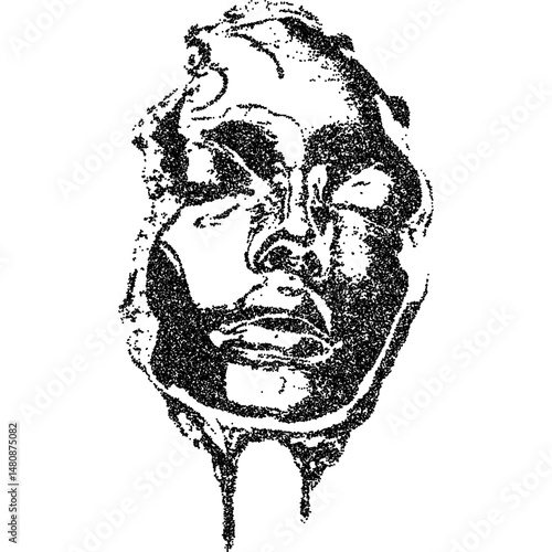 Dripping face illusion with vintage halftone stipple texture. Surreal melting effect in punk rock collage grunge style. Vector illustration