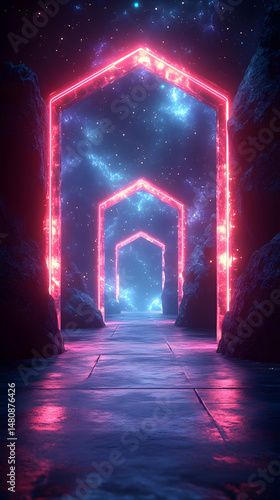 Glowing neon portals lead to a cosmic scene