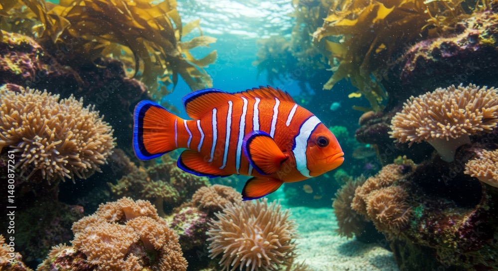 Obraz premium Vibrant Orange and White Striped Fish in a Coral Reef - A stunning orange and white striped fish with bright blue accents gracefully swims amidst vibrant coral and kelp, symbolizing freedom, beauty