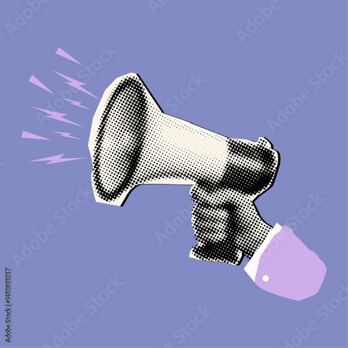 Male hand holding loudspeaker in halftone style,cut out retro element with a halftone effect for collage, poster, banner, cover design