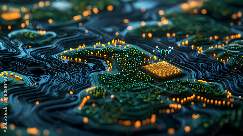 Fototapeta premium Futuristic circuit board landscape with glowing lights, depicting advanced technology and digital connectivity.
