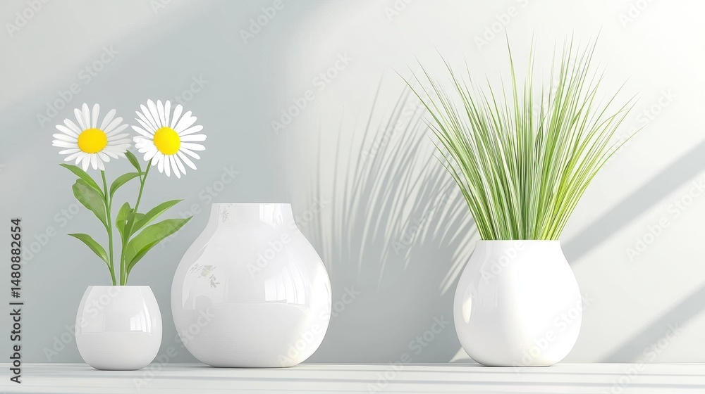 custom made wallpaper toronto digitalA minimalist white vase with two daisies and a tall plant sits on a white shelf against a light gray wall.