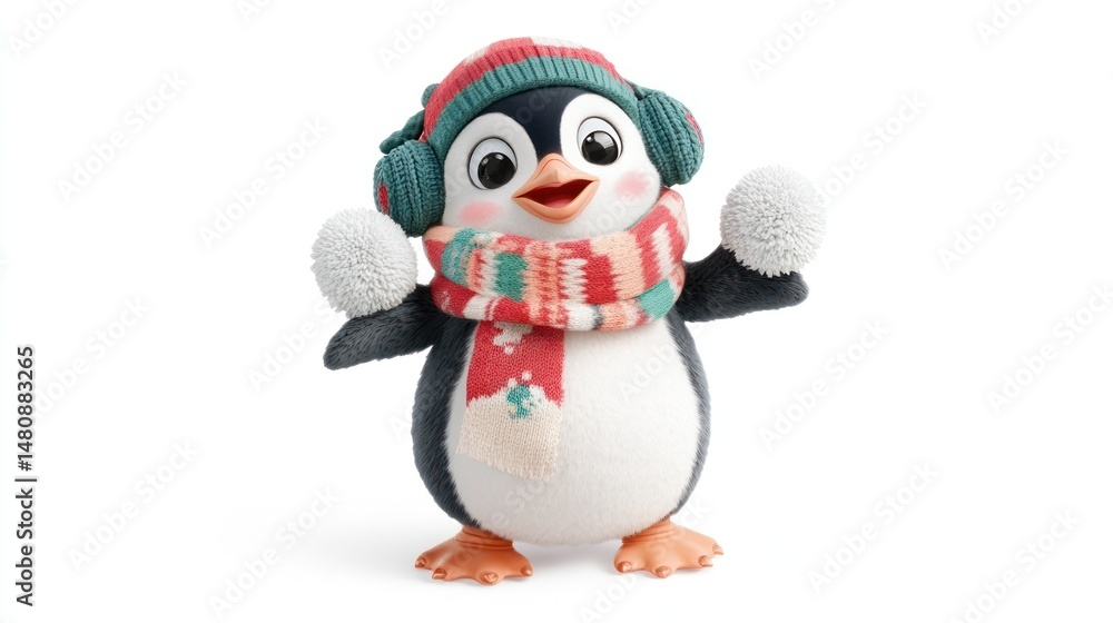 Naklejka premium Playful cartoon penguin in winter outfit holding snowballs