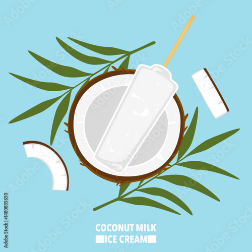 Vector illustration of coconut ice cream on a stick served in a coconut shell. Fruit. Top view. Suitable for hot weather. Refreshing summer dessert. Street food. Asian. For food and culture theme.
