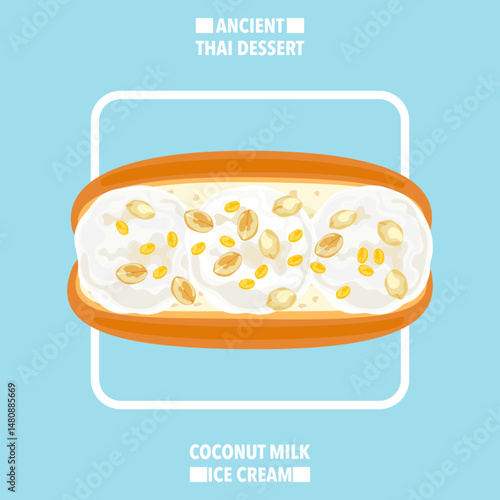 Vector illustration of traditional Thai coconut ice cream topped with roasted green beans and peanuts served on bread. Top view. Refreshing summer dessert. Street food. Asia. Food and culture theme.