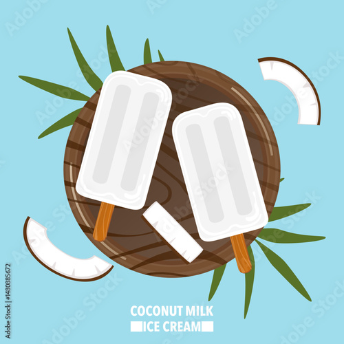 Vector illustration of coconut ice cream on a stick served in a coconut shell. Fruit. Top view. Suitable for hot weather. Refreshing summer dessert. Street food. Asian. For food and culture theme.

