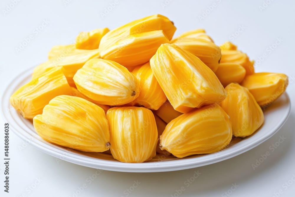 A pile of fresh jackfruit pieces on a white plate close up view A pile of fresh jackfruit pieces on a white plate close up view