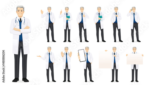 Healthcare and medicine character. Male handsome doctor in different poses and gestures. Isolated vector illustration set