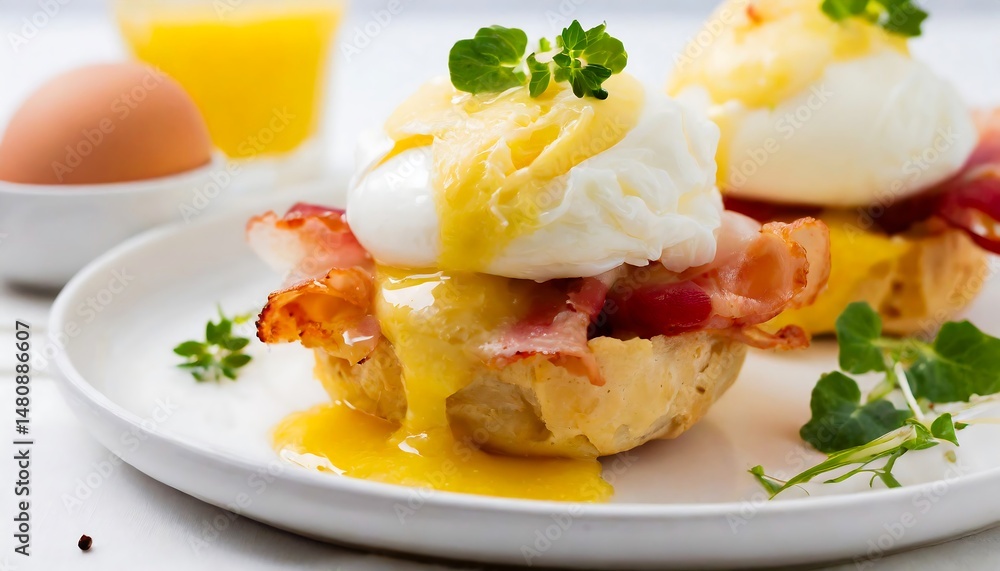 Delicious Eggs Benedict with Crispy Bacon and Hollandaise Sauce on a Rustic Wooden Table Delicious Eggs Benedict with Crispy Bacon and Hollandaise Sauce on a Rustic Wooden Table