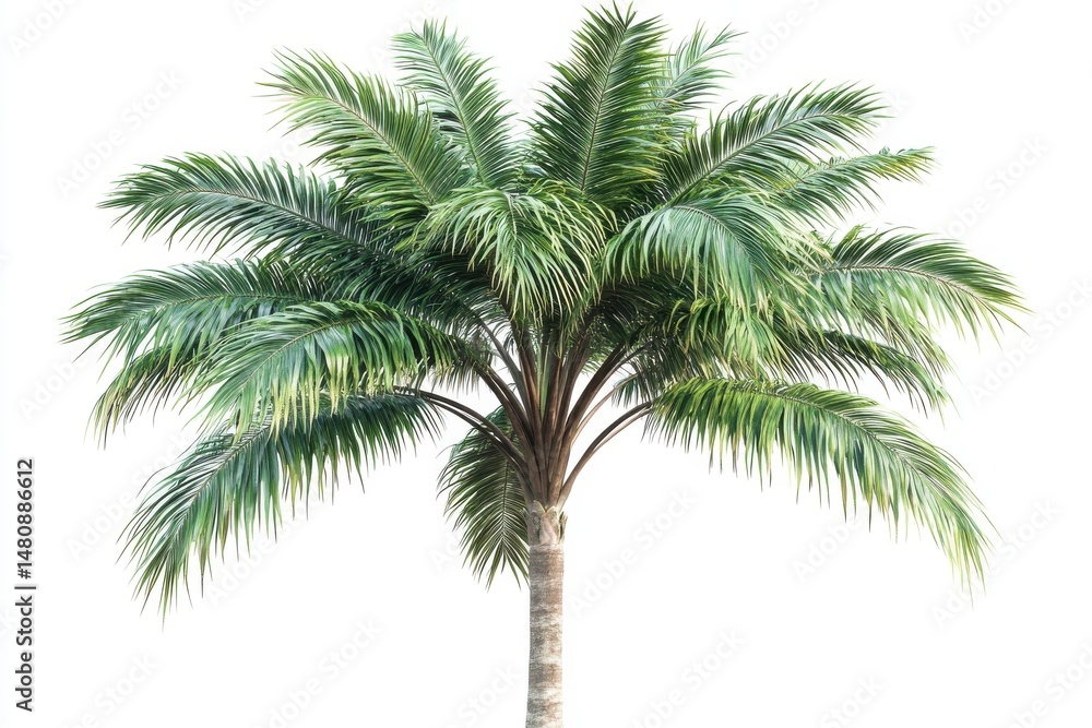 Obraz premium Isolated single palm tree with green fronds against white backdrop
