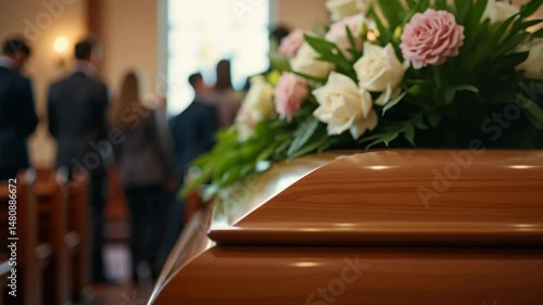 Mourners at a funeral service, in a church, showing grief and remembrance, for websites and publications