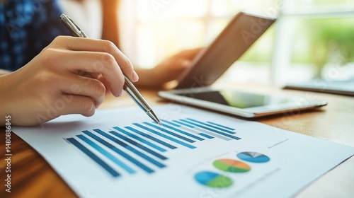 Businessperson analyzing data charts and graphs on paper document