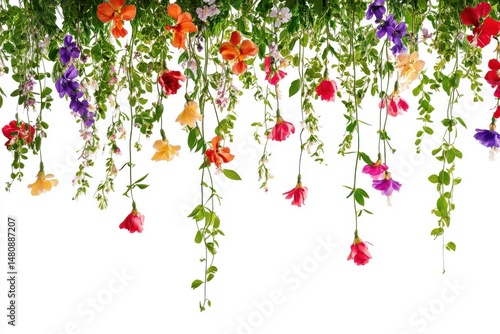 Colorful flowers and green vines hanging down creating a decorative floral arrangement