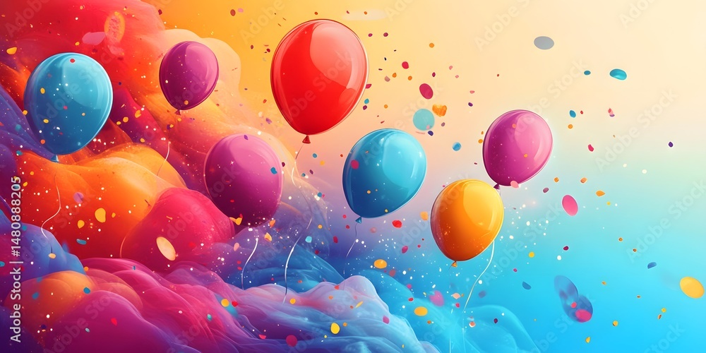 Colorful balloons float amidst a vibrant explosion of confetti and abstract forms, creating a joyous and celebratory atmosphere.
Colorful balloons float amidst a vibrant explosion of confetti and abstract forms, creating a joyous and celebratory atmosphere.