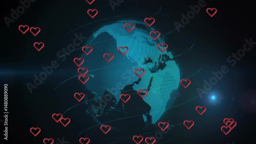 Turquoise dotted globe spinning in dark void, with red heart icons and glowing network lines