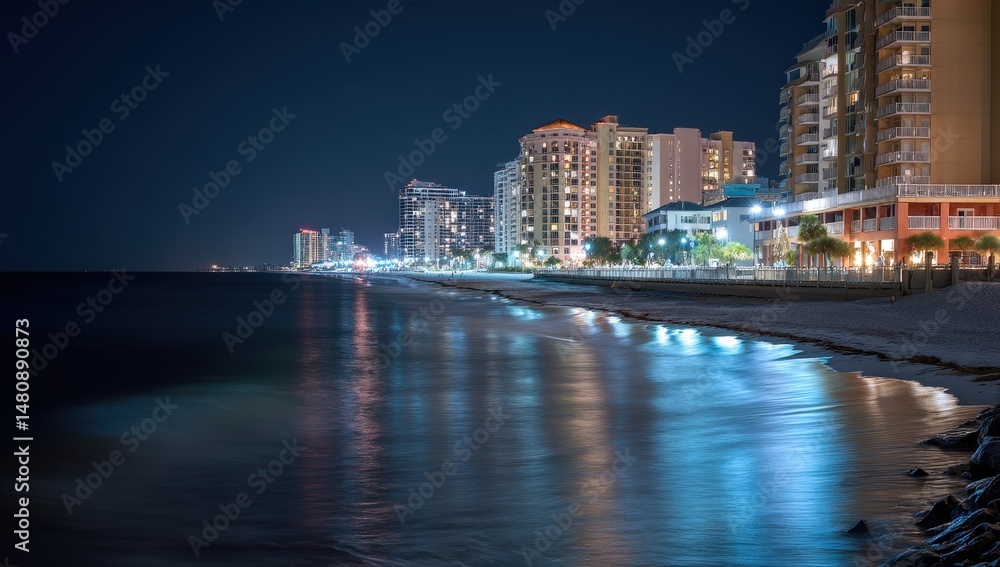 Fototapeta premium Nighttime view of beachfront city skyline illuminated by city lights.